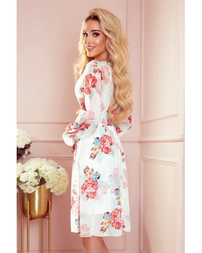 Rochie de vara alba midi cu flori vaporoasa Selma Rochii de zi, Rochie de vara alba midi cu flori vaporoasa Selma - jojofashion.ro