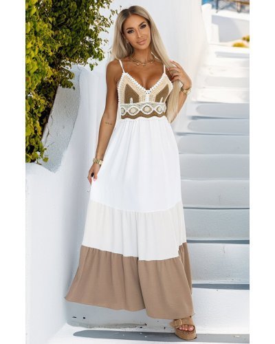 Rochie boho lunga ecru cu bust crosetat fluida Saldana Rochii lungi, Rochie boho lunga ecru cu bust crosetat fluida Saldana - jojofashion.ro