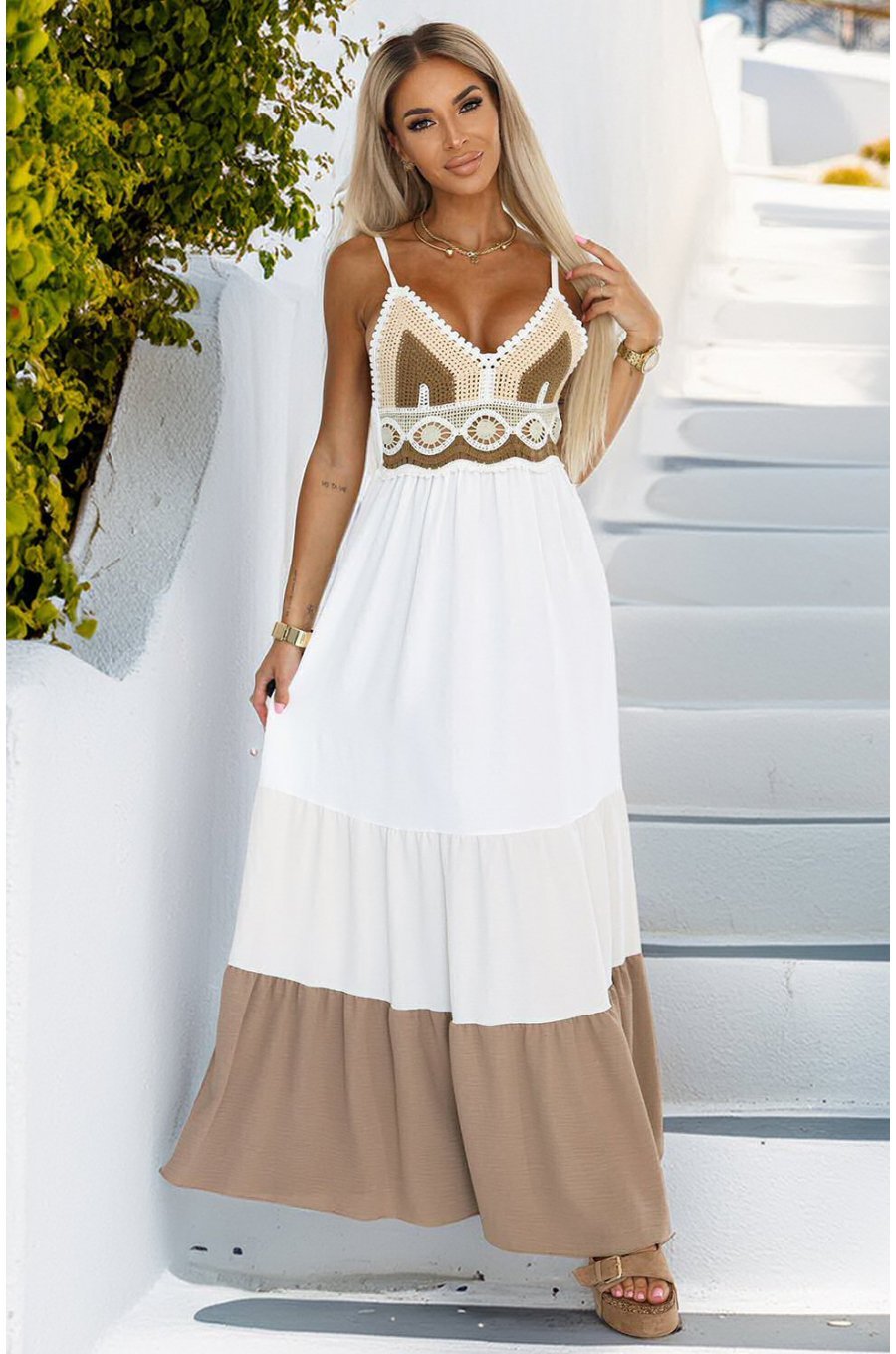 Rochie boho lunga ecru cu bust crosetat fluida Saldana 1 - jojofashion.ro