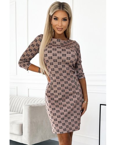 Rochie scurta din vascoza cappuccino cu print negru Jossephine Rochii scurte, Rochie scurta din vascoza cappuccino cu print negru Jossephine - jojofashion.ro