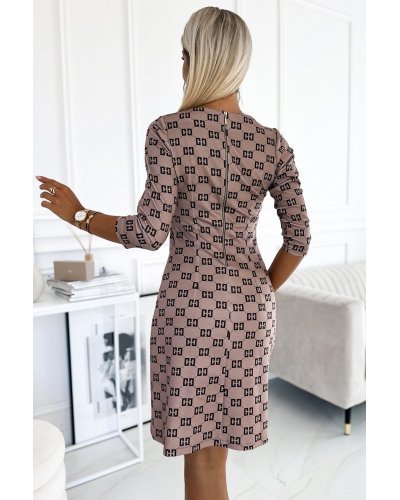 Rochie scurta din vascoza cappuccino cu print negru Jossephine Rochii scurte, Rochie scurta din vascoza cappuccino cu print negru Jossephine - jojofashion.ro