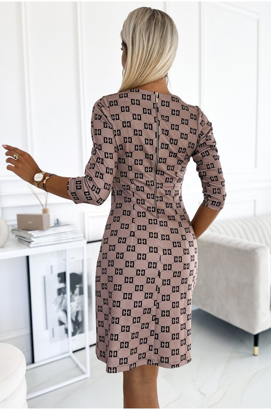 Rochie casual scurta, din vascoza, cappuccino cu print negru, cu maneca trei sferturi, Jossephine 2 - jojofashion.ro