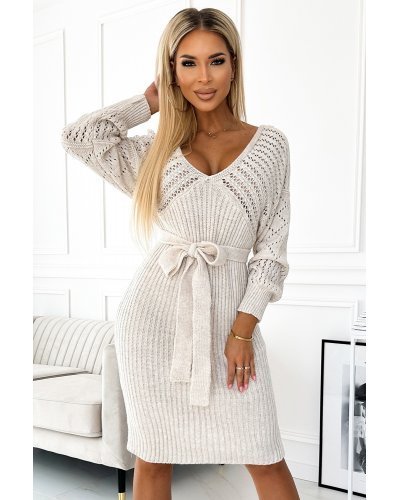 Rochie midi bej mulata tricotata cu maneca lunga Mello Rochie midi bej mulata tricotata cu maneca lunga Mello - jojofashion.ro