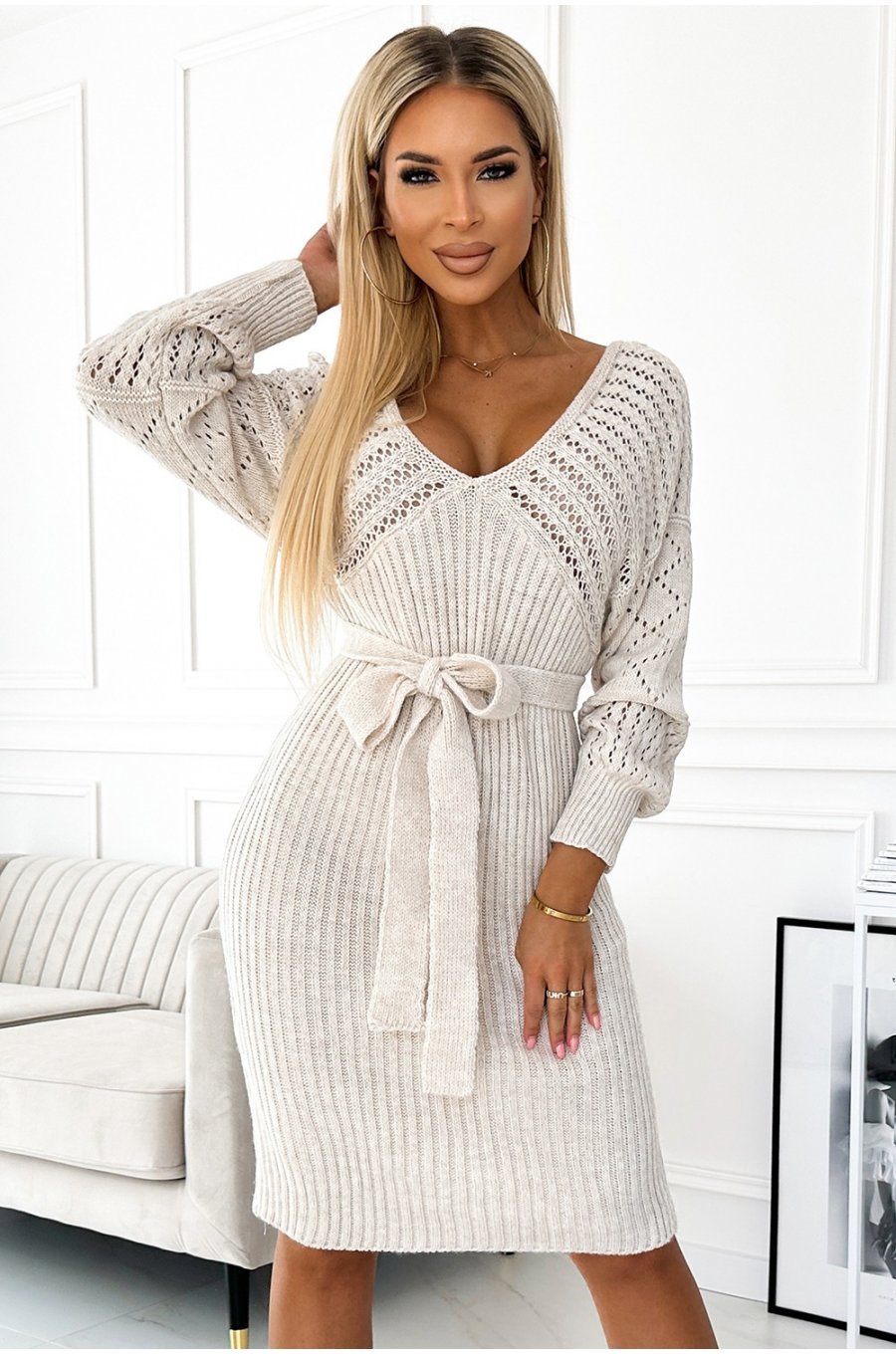 Rochie midi bej mulata tricotata cu maneca lunga Mello 1 - jojofashion.ro