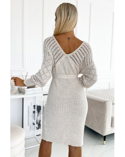 Rochie midi bej mulata tricotata cu maneca lunga Mello Rochii tricotate, Rochie midi bej mulata tricotata cu maneca lunga Mello - jojofashion.ro