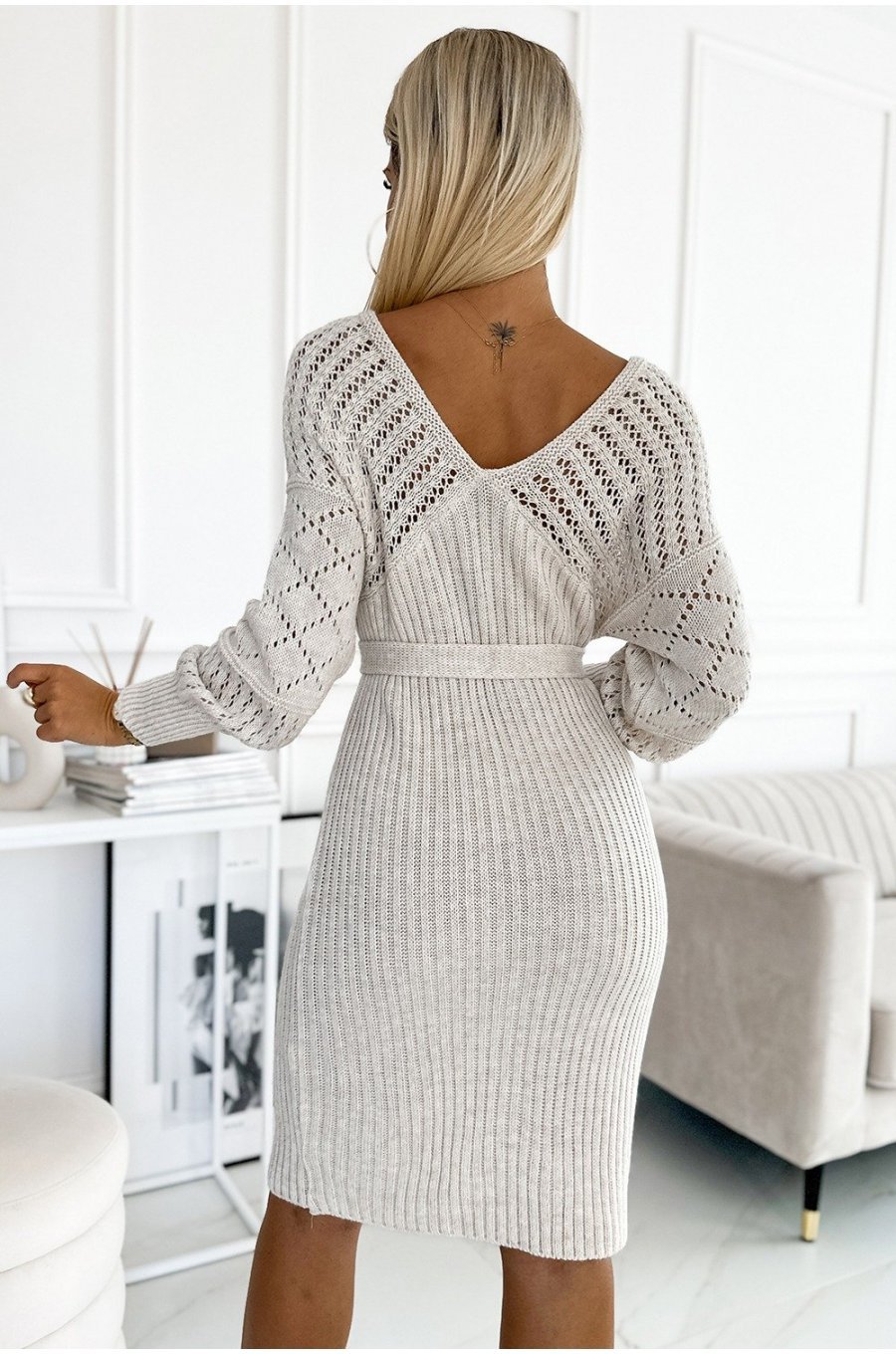 Rochie midi bej mulata tricotata cu maneca lunga Mello 2 - jojofashion.ro