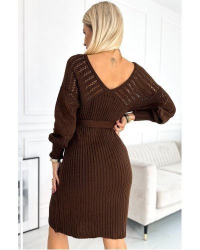 Rochie midi maro mulata tricotata cu maneca lunga Mello Rochii tricotate, Rochie midi maro mulata tricotata cu maneca lunga Mello - jojofashion.ro