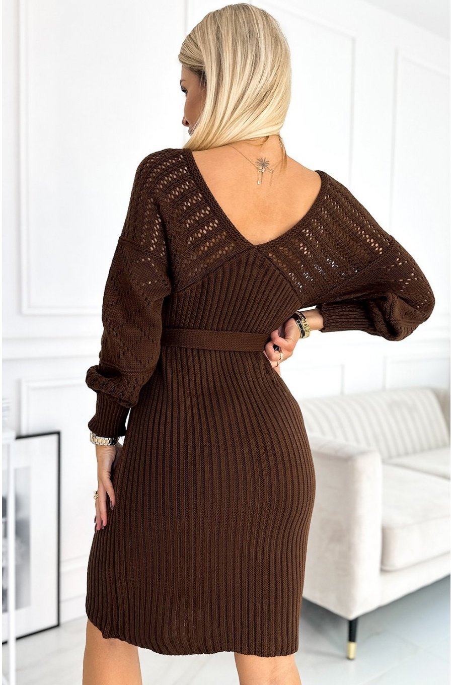 Rochie midi maro mulata tricotata cu maneca lunga Mello 2 - jojofashion.ro