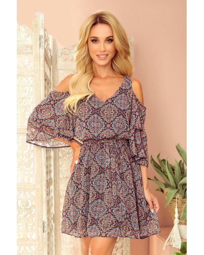 Rochie scurta din voal bleumarin cu print multicolor vaporoasa Craita Rochii scurte, Rochie scurta din voal bleumarin cu print multicolor vaporoasa Craita - jojofashion.ro