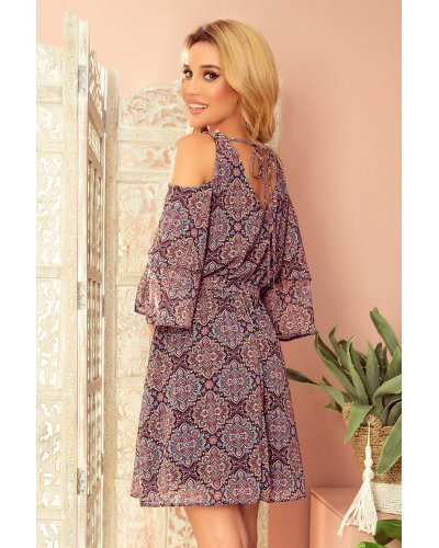 Rochie scurta din voal bleumarin cu print multicolor vaporoasa Craita Rochii scurte, Rochie scurta din voal bleumarin cu print multicolor vaporoasa Craita - jojofashion.ro