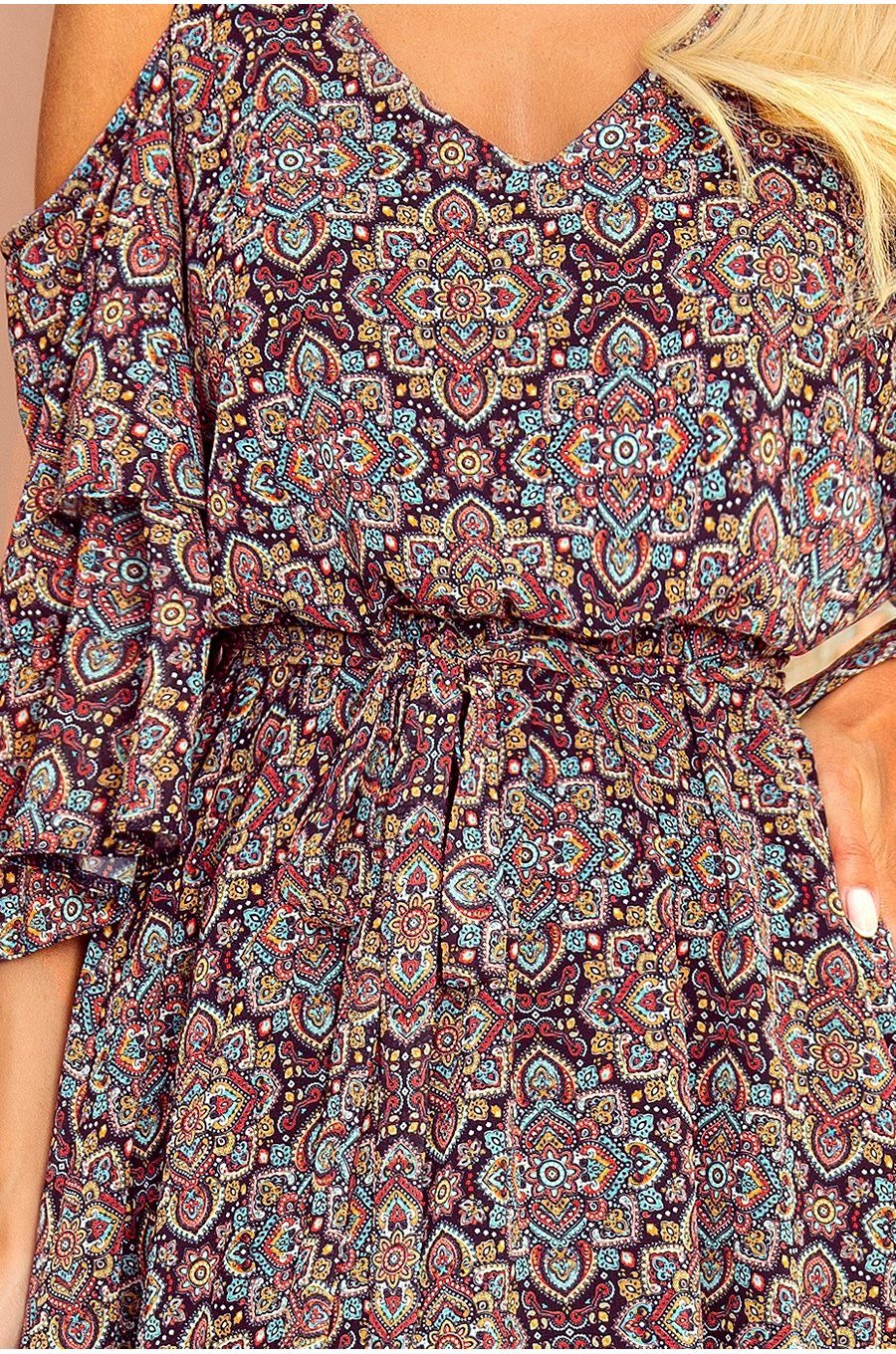 Rochie scurta din voal bleumarin cu print multicolor vaporoasa Craita 5 - jojofashion.ro