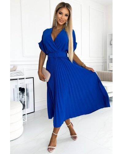 Rochie lunga, albastra, plisata, petrecuta, Karely Rochii lungi, Rochie lunga, albastra, plisata, petrecuta, Karely - jojofashion.ro