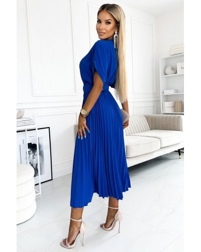 Rochie lunga, albastra, plisata, petrecuta, Karely Rochii lungi, Rochie lunga, albastra, plisata, petrecuta, Karely - jojofashion.ro