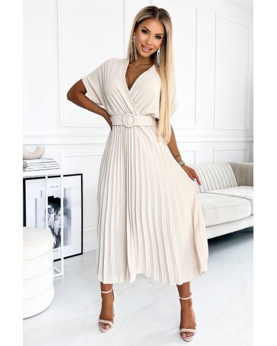 Rochie lunga, bej, plisata, petrecuta, Karely Rochii de zi, Rochie lunga, bej, plisata, petrecuta, Karely - jojofashion.ro