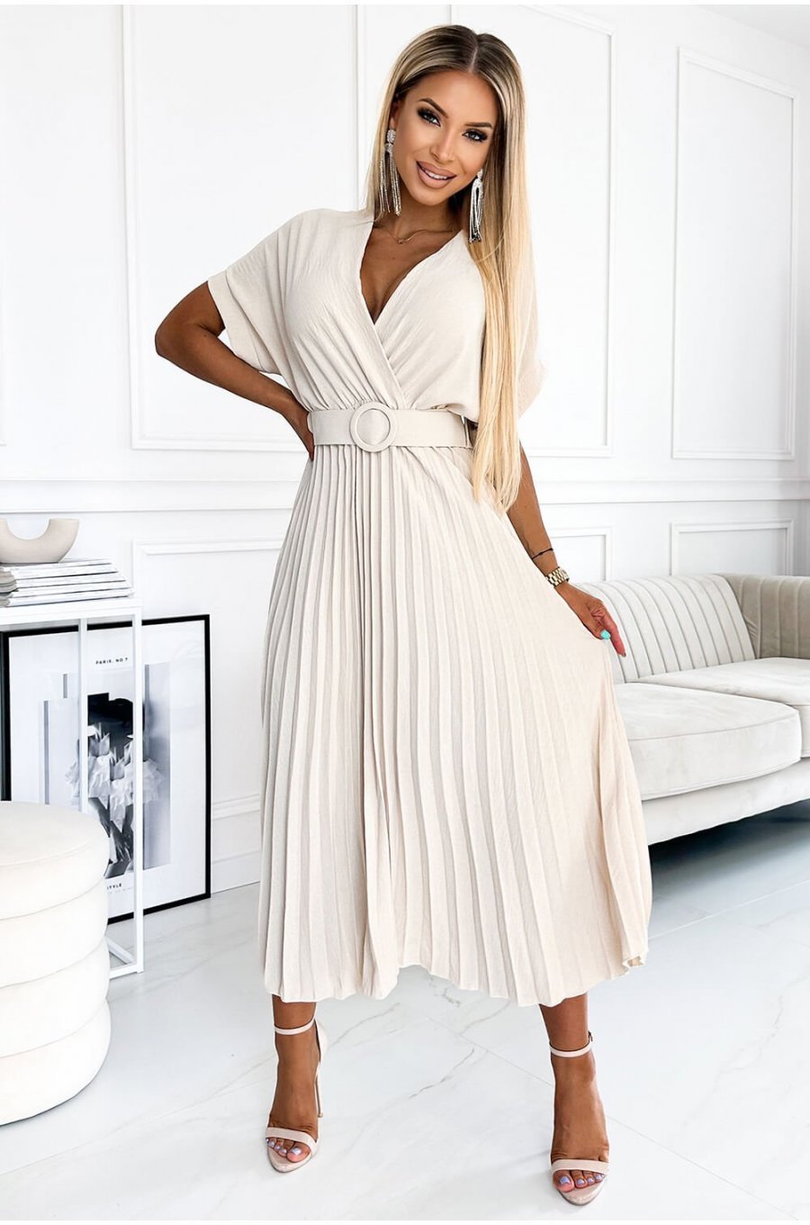 Rochie lunga, bej, plisata, petrecuta, Karely Rochie lunga, bej, plisata, petrecuta, Karely 1 - jojofashion.ro