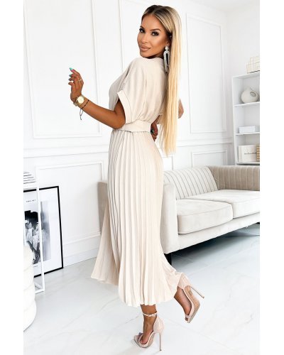 Rochie lunga, bej, plisata, petrecuta, Karely Rochii de zi, Rochie lunga, bej, plisata, petrecuta, Karely - jojofashion.ro