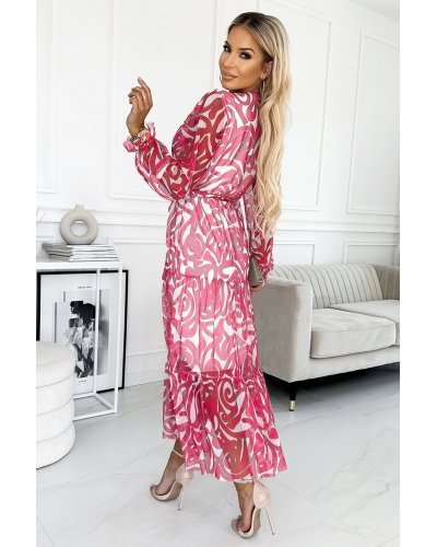 Rochie lunga, din vascoza, roz, cu volane si maneca lunga, petrecuta, Devany Rochii de zi, Rochie lunga, din vascoza, roz, cu volane si maneca lunga, petrecuta, Devany - jojofashion.ro