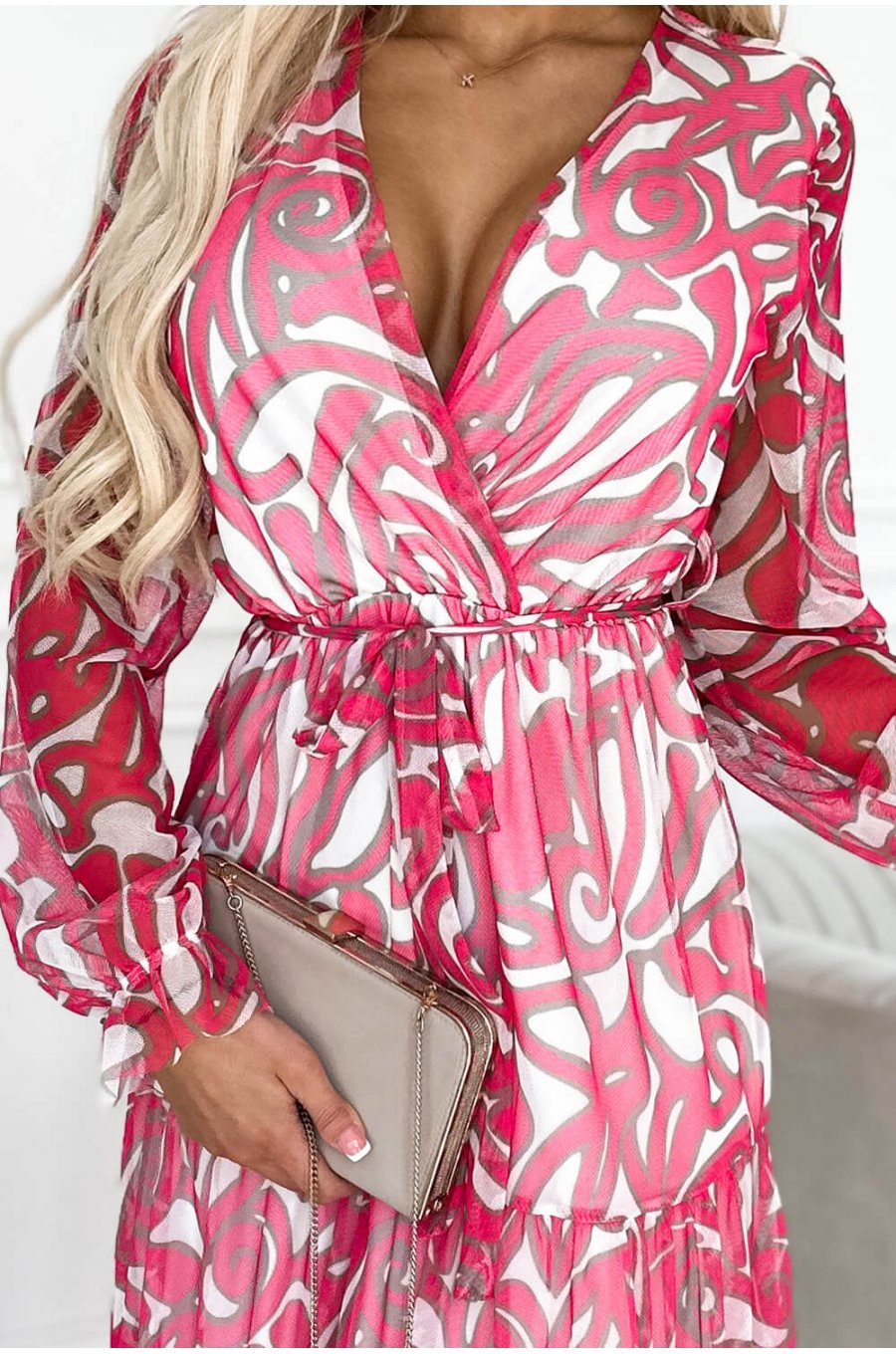 Rochie lunga, din vascoza, roz, cu volane si maneca lunga, petrecuta, Devany 6 - jojofashion.ro