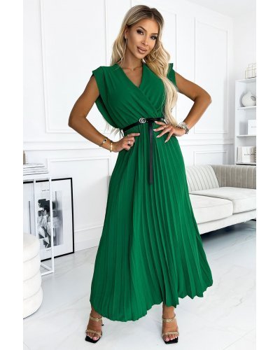 Rochie lunga verde vaporoasa plisata Brytta Rochii lungi, Rochie lunga verde vaporoasa plisata Brytta - jojofashion.ro