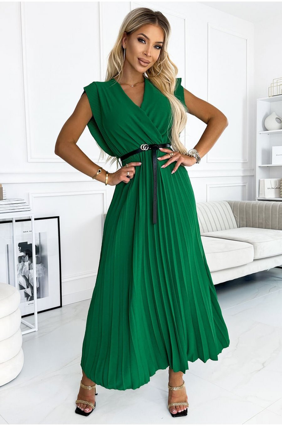 Rochie de zi lunga, plisata, verde, petrecuta, vaporoasa, Brytta 1 - jojofashion.ro