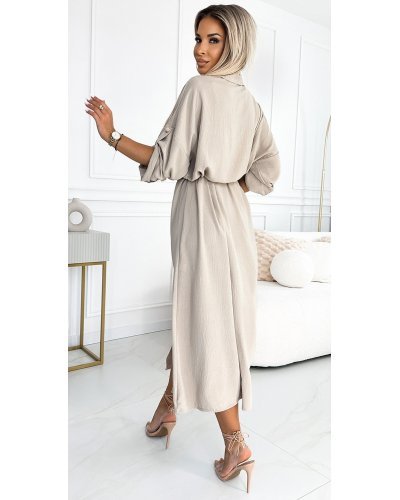 Rochie tip camasa bej midi cu maneca lunga, Asiyah Rochii tip camasa, Rochie tip camasa bej midi cu maneca lunga, Asiyah - jojofashion.ro
