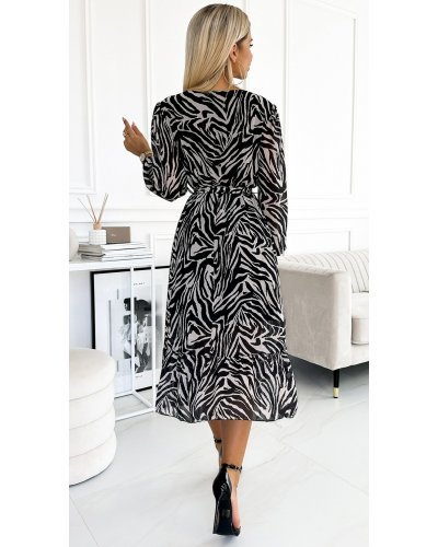 Rochii cu volane, Rochie midi, din chiffon zebra print, bej, cu maneca lunga, vaporoasa, Kitty - jojofashion.ro