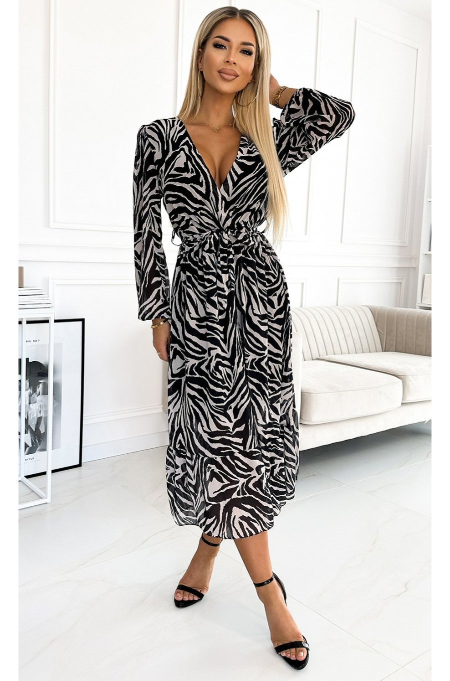 Rochie midi, din chiffon zebra print, bej, cu maneca lunga, vaporoasa, Kitty 3 - jojofashion.ro