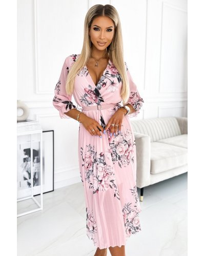 Rochie midi roz pastel cu flori plisata cu maneca lunga Yuna Rochii de zi, Rochie midi roz pastel cu flori plisata cu maneca lunga Yuna - jojofashion.ro
