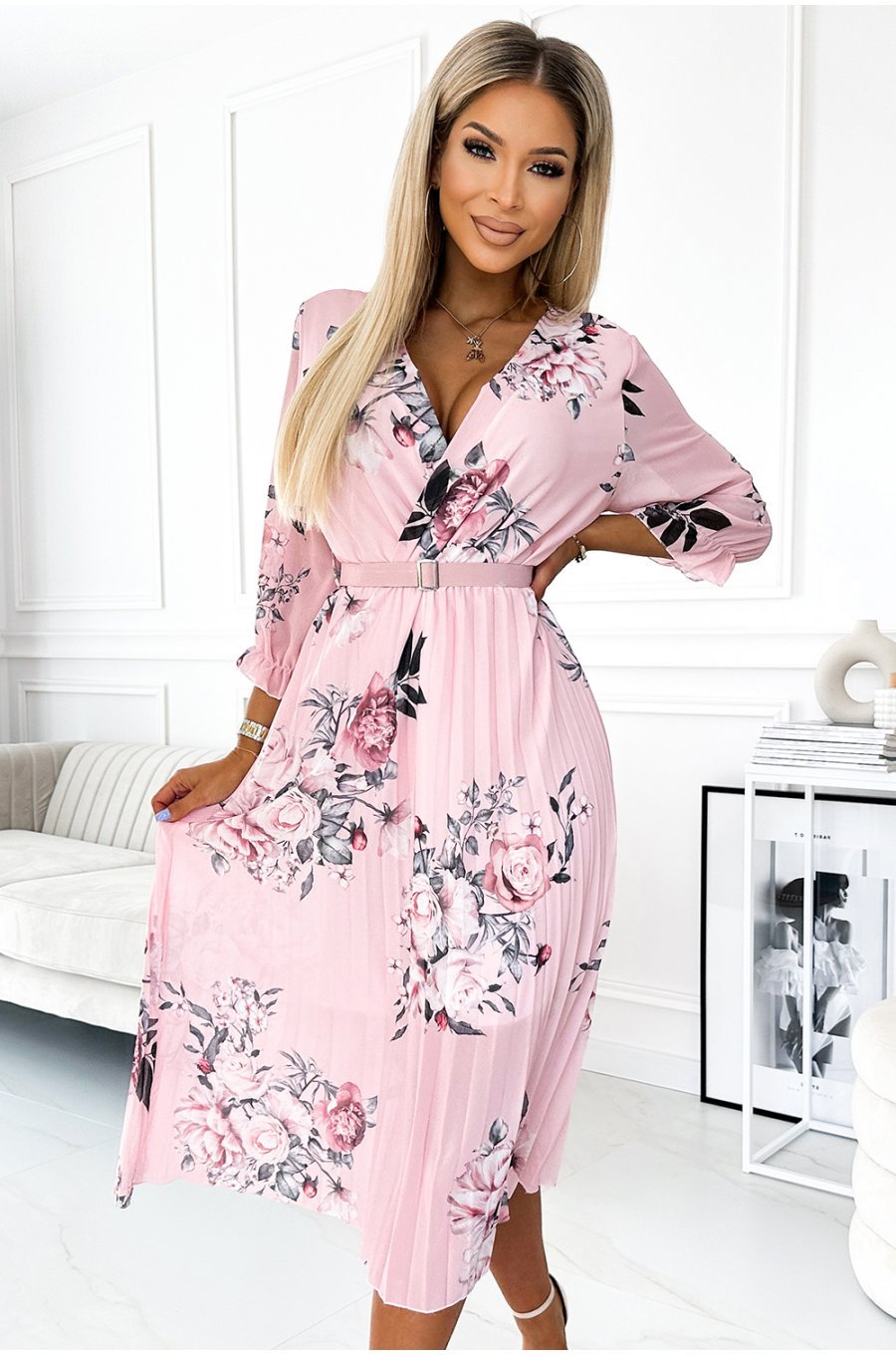 Rochie de zi midi, plisata, roz pastel cu flori, petrecuta, cu maneca lunga, Yuna 3 - jojofashion.ro