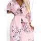 Rochie de zi midi, plisata, roz pastel cu flori, petrecuta, cu maneca lunga, Yuna 7 - jojofashion.ro