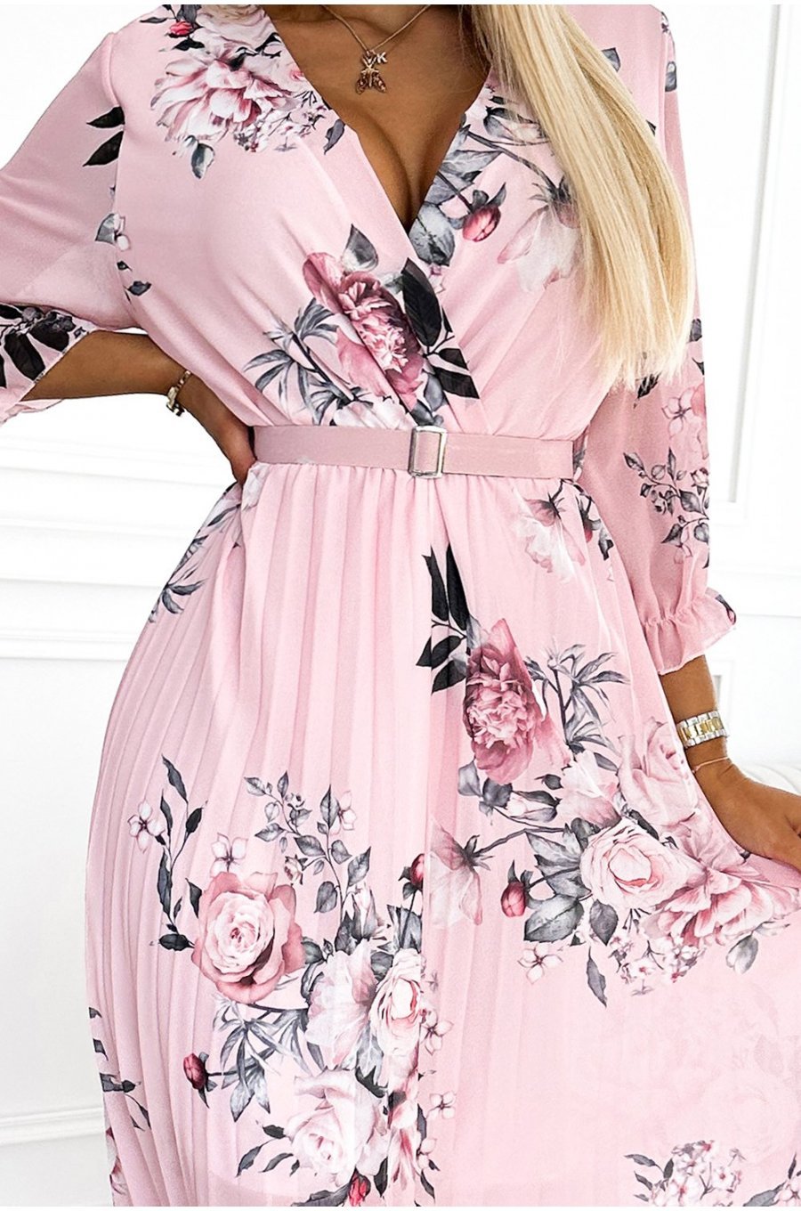 Rochie midi roz pastel cu flori plisata cu maneca lunga Yuna 6 - jojofashion.ro