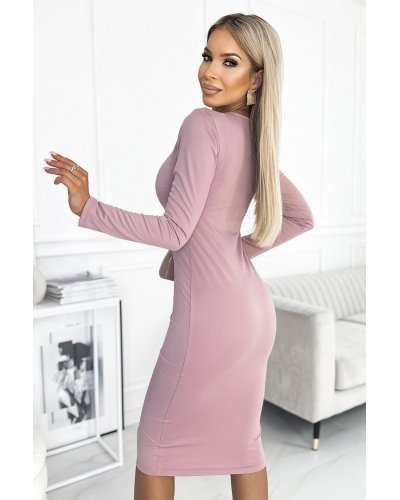 Rochie roz prafuit mulata midi cu maneca lunga Keisha Rochii de zi, Rochie roz prafuit mulata midi cu maneca lunga Keisha - jojofashion.ro