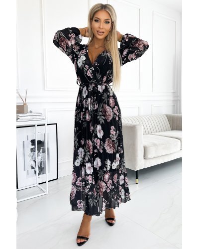 Rochie neagra lunga cu flori din voal vaporoasa plisata cu maneca lunga Linnea Rochii de zi, Rochie neagra lunga cu flori din voal vaporoasa plisata cu maneca lunga Linnea - jojofashion.ro