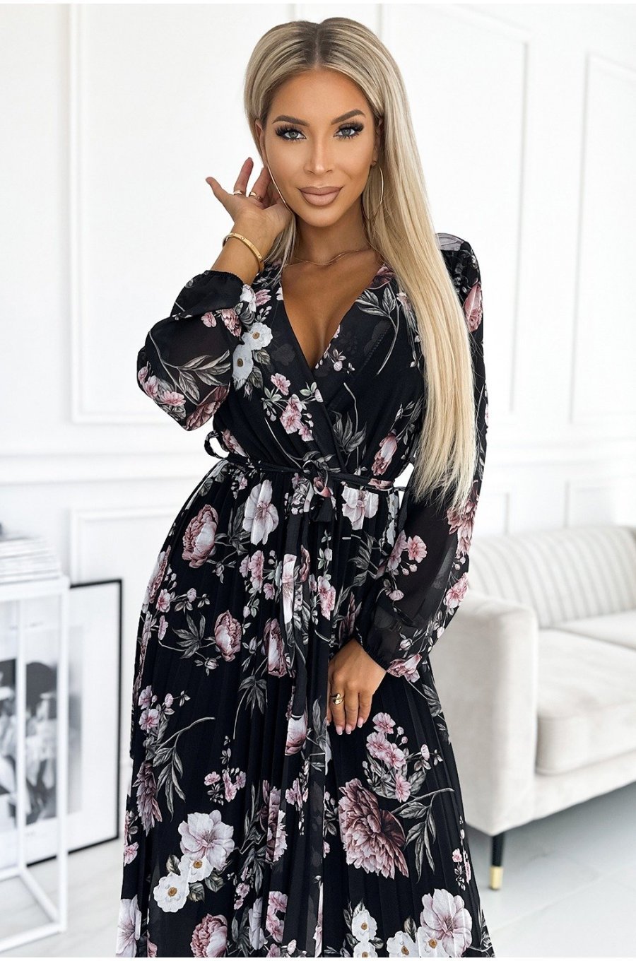 Rochie de zi plisata lunga, din voal, neagra cu flori, cu maneca lunga, vaporoasa, Linnea 3 - jojofashion.ro