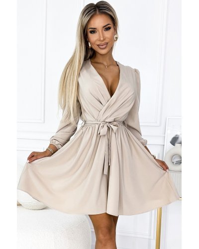 Rochie scurta, bej, cu maneca lunga, petrecuta, vaporoasa, Aurora Rochii de Ocazie Elegante, Rochie scurta, bej, cu maneca lunga, petrecuta, vaporoasa, Aurora - jojofashion.ro