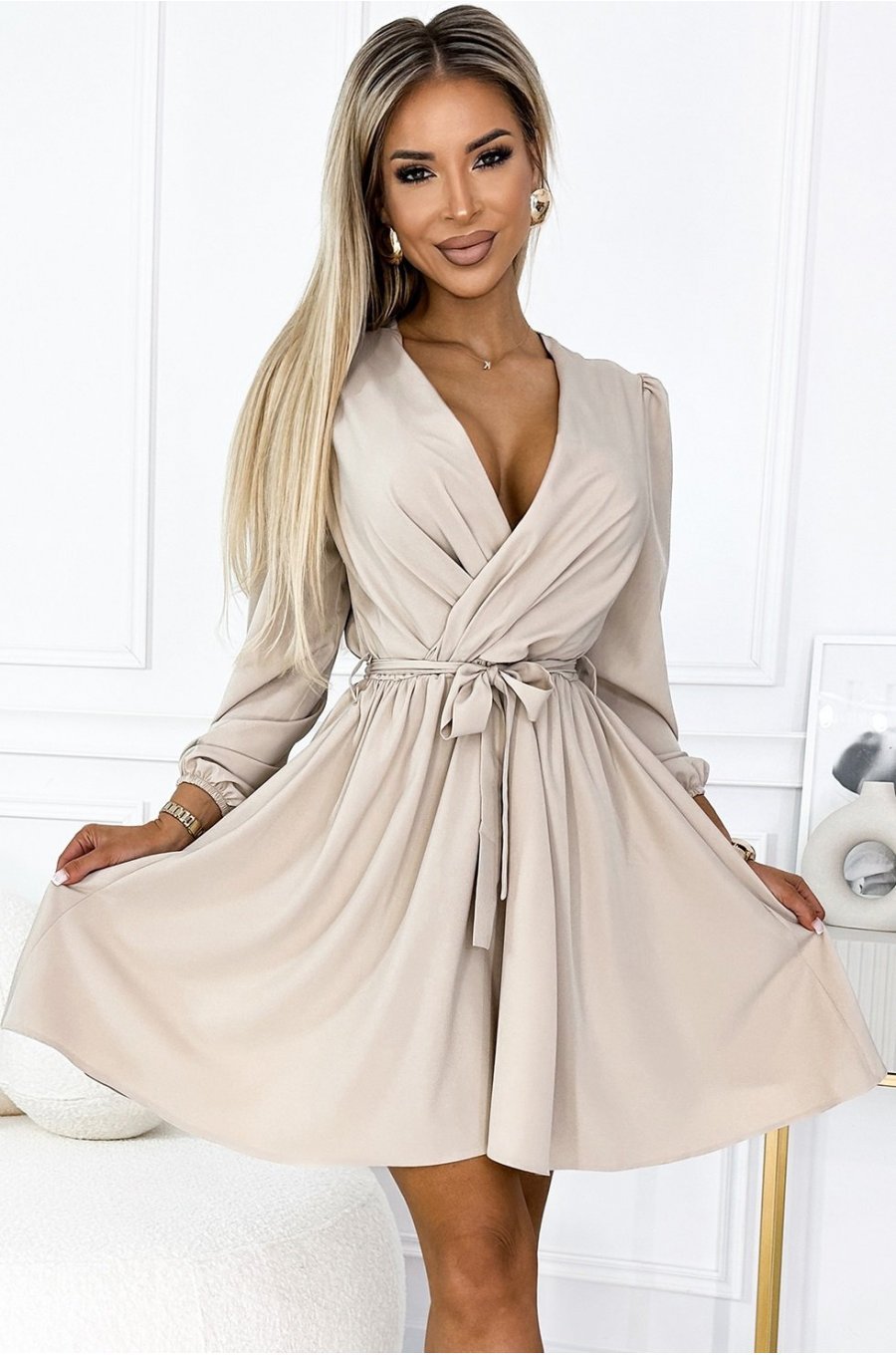 Rochie scurta, bej, cu maneca lunga, petrecuta, vaporoasa, Aurora 1 - jojofashion.ro