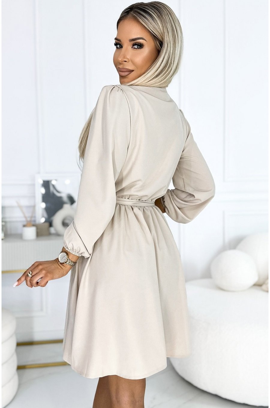 Rochie scurta, bej, cu maneca lunga, petrecuta, vaporoasa, Aurora 2 - jojofashion.ro