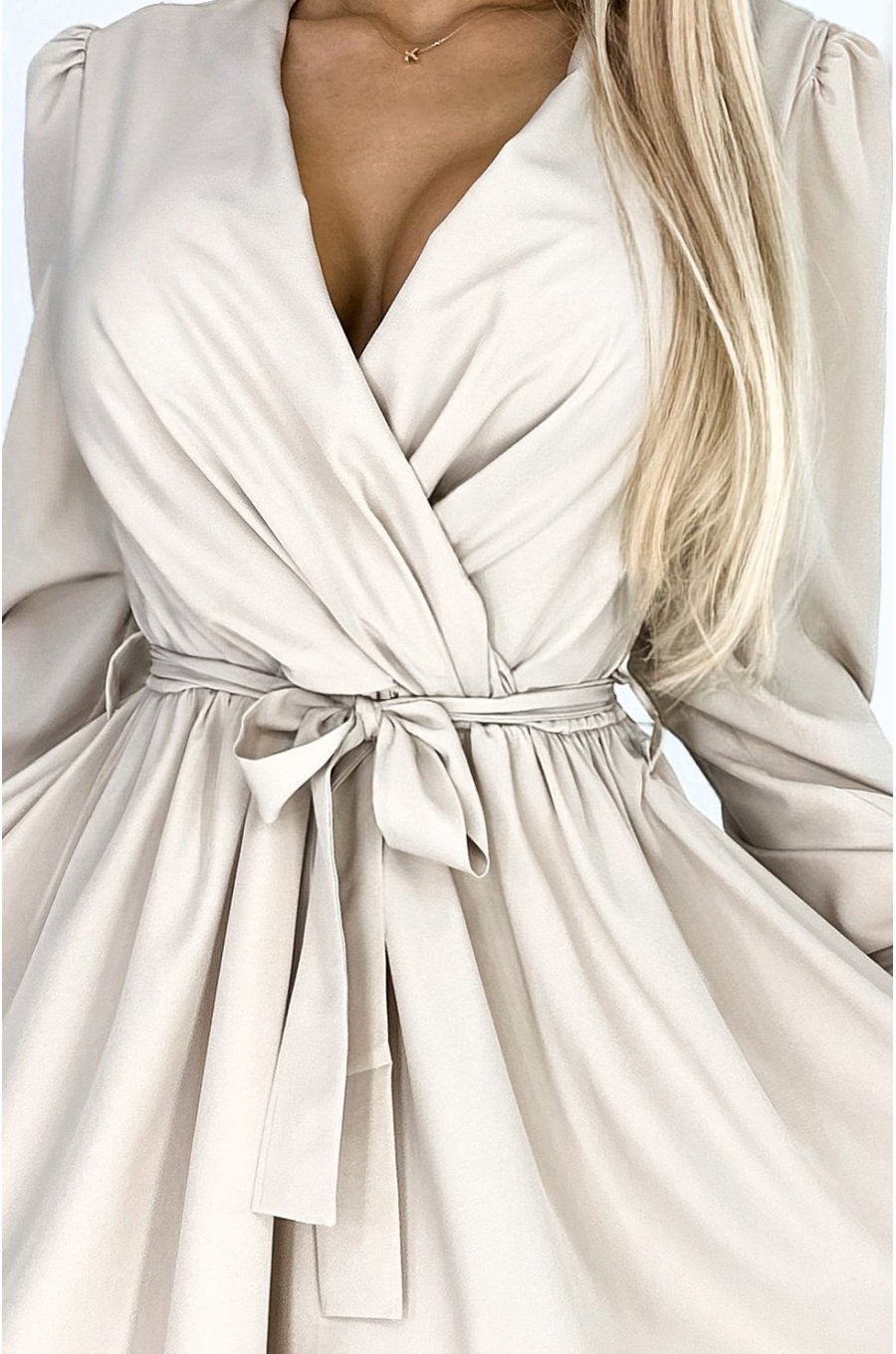 Rochie scurta, bej, cu maneca lunga, petrecuta, vaporoasa, Aurora 4 - jojofashion.ro