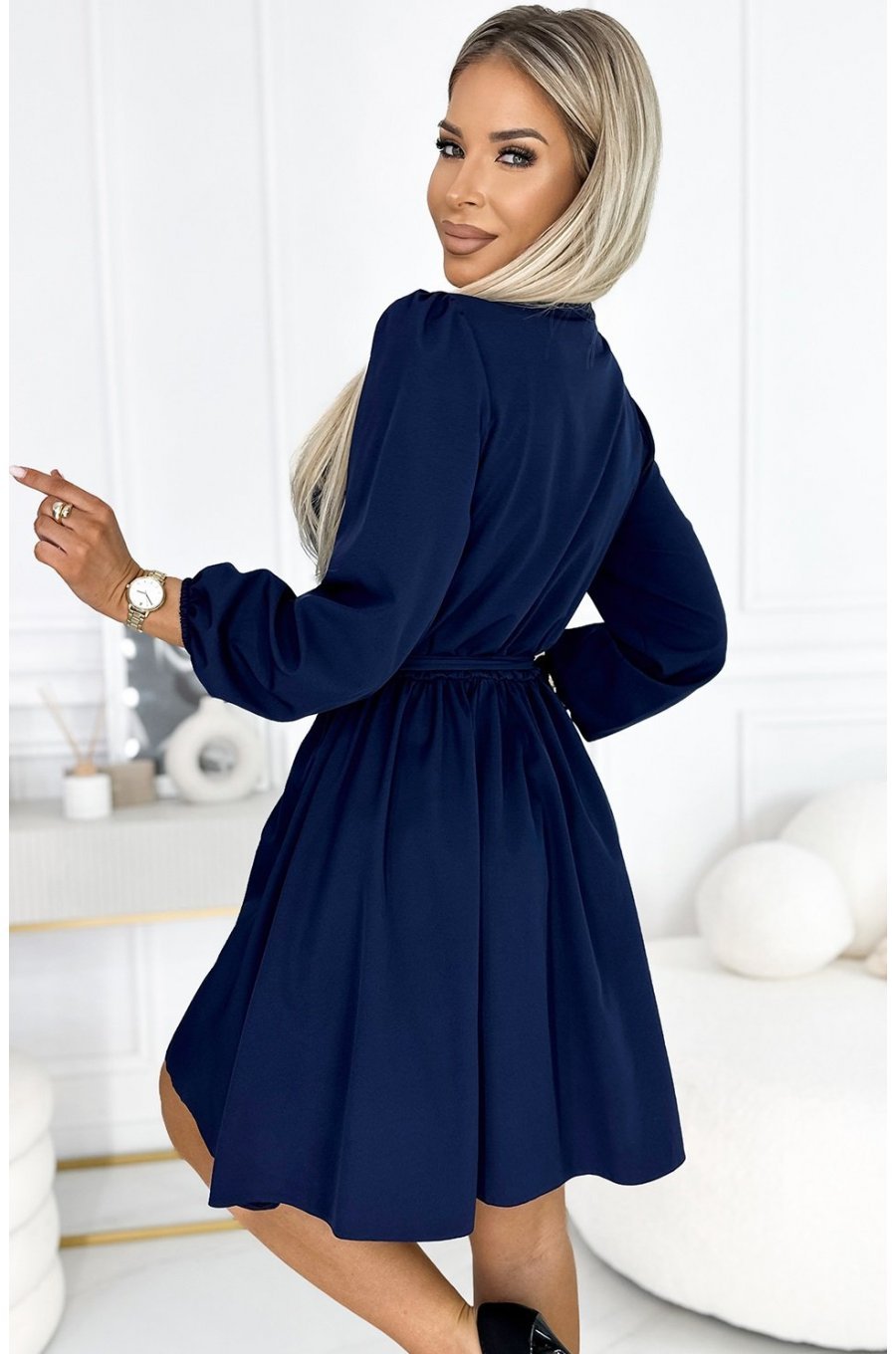 Rochie scurta bleumarin navy cu maneca lunga vaporoasa Aurora 2 - jojofashion.ro