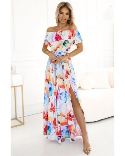 Rochie lunga alba cu flori multicolore vaporoasa cu umerii goi si volane Georgia Rochii lungi, Rochie lunga alba cu flori multicolore vaporoasa cu umerii goi si volane Georgia - jojofashion.ro