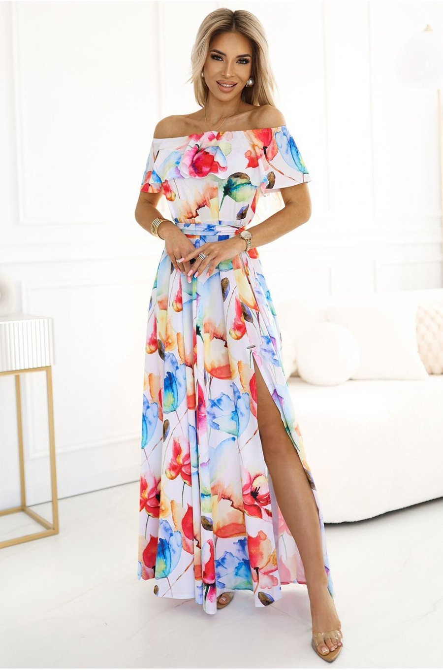 Rochie lunga alba cu flori multicolore vaporoasa cu umerii goi si volane Georgia 1 - jojofashion.ro