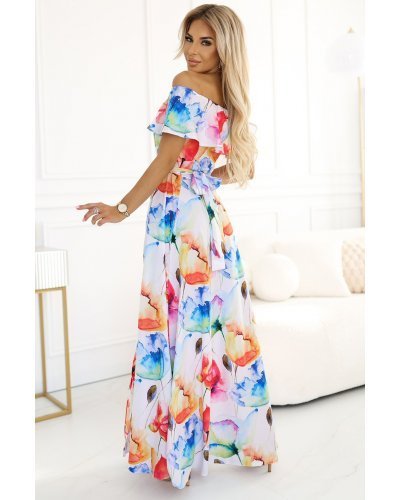 Rochie lunga alba cu flori multicolore vaporoasa cu umerii goi si volane Georgia Rochii lungi, Rochie lunga alba cu flori multicolore vaporoasa cu umerii goi si volane Georgia - jojofashion.ro