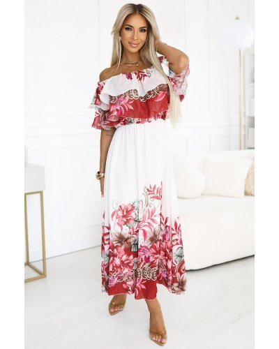 Rochie lunga alba cu flori rosii volan si umeri goi Marusia Rochii de zi, Rochie lunga alba cu flori rosii volan si umeri goi Marusia - jojofashion.ro