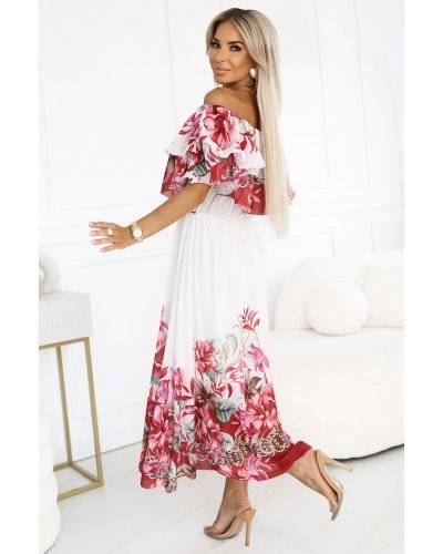 Rochie lunga alba cu flori rosii volan si umeri goi Marusia Rochii de zi, Rochie lunga alba cu flori rosii volan si umeri goi Marusia - jojofashion.ro