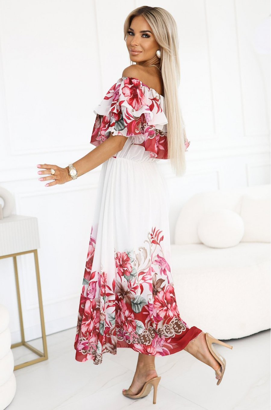 Rochie lunga alba cu flori rosii volan si umeri goi Marusia 2 - jojofashion.ro
