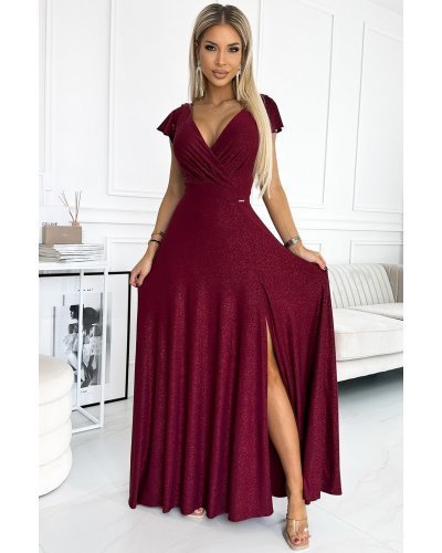 Rochie lunga burgundy din glitter petrecuta crapata pe picior Cristaliza Rochii lungi, Rochie lunga burgundy din glitter petrecuta crapata pe picior Cristaliza - jojofashion.ro