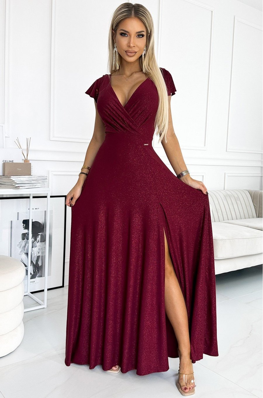 Rochie lunga burgundy din glitter petrecuta crapata pe picior Cristaliza 1 - jojofashion.ro