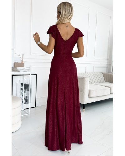 Rochie lunga burgundy din glitter petrecuta crapata pe picior Cristaliza Rochii lungi, Rochie lunga burgundy din glitter petrecuta crapata pe picior Cristaliza - jojofashion.ro