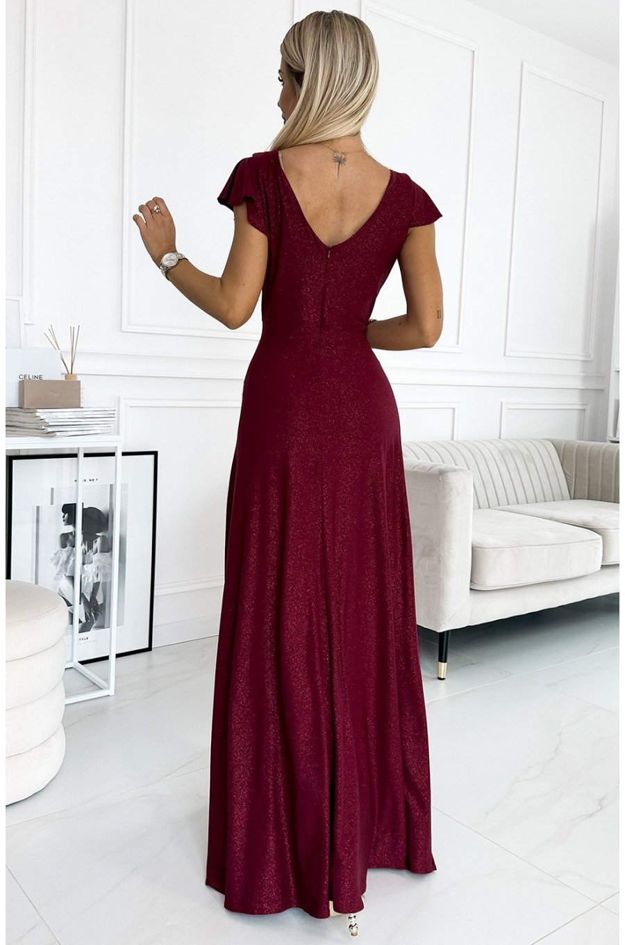 Rochie lunga burgundy din glitter petrecuta crapata pe picior Cristaliza 2 - jojofashion.ro