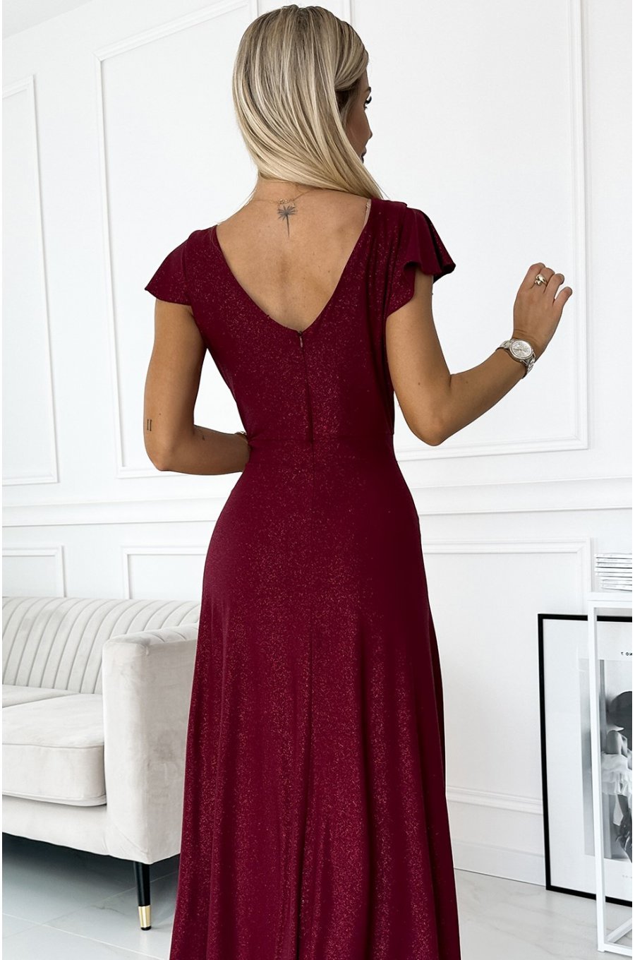 Rochie lunga din glitter, burgundy, petrecuta, crapata pe picior, Cristaliza 4 - jojofashion.ro